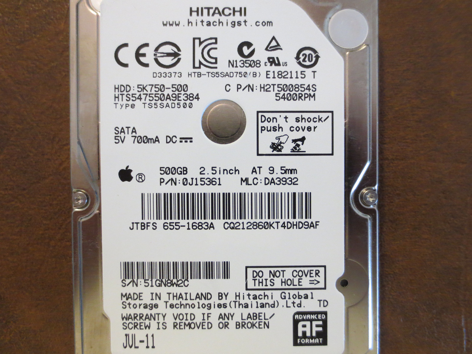 Hitachi HTS547550A9E384 PN:0J15361 MLC:DA3932 Apple#655-1683A 500gb 2.5" Sata 
