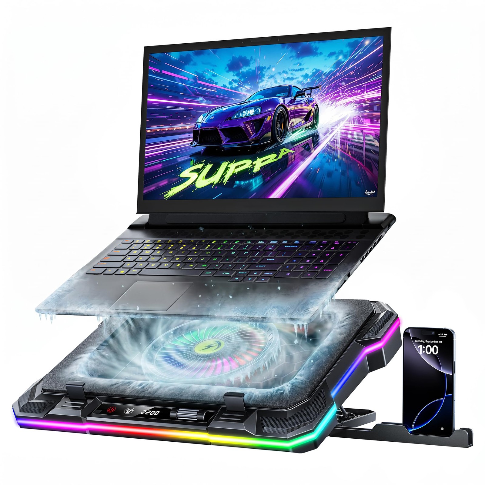 AICHESON RGB Laptop Cooling Pad for 15-19 Inch Laptops, Gaming Black