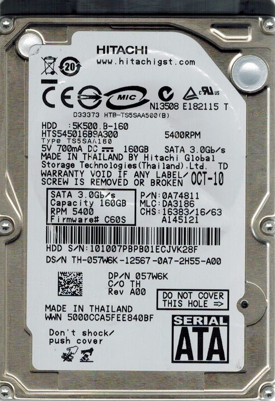 Hitachi HTS545016B9A300 P/N: 0A74811 MLC: DA3186 160GB