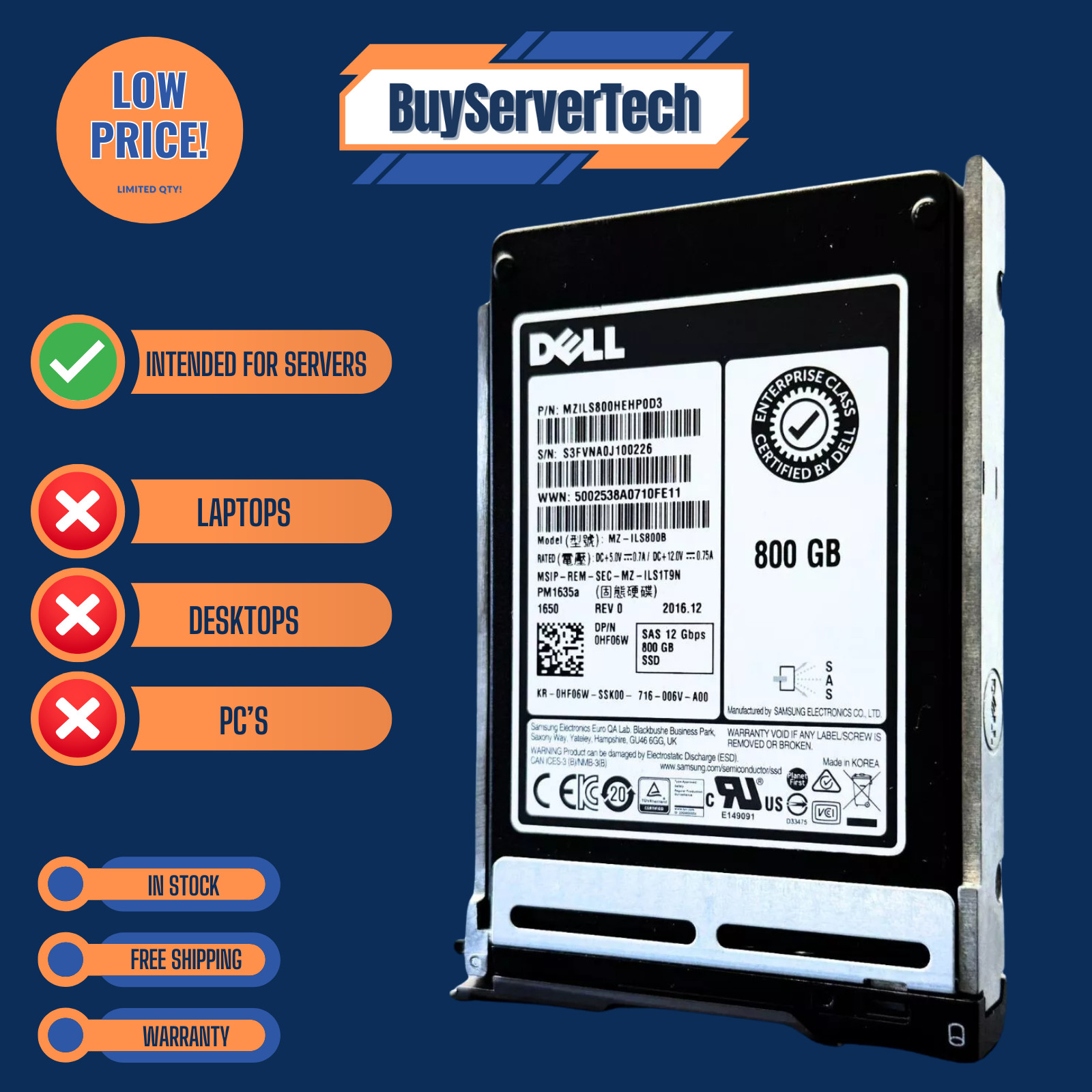 Dell 0HF06W 800GB 12G SAS 2.5" SSD SFF MU Hot-Swap R Series Server Drive |