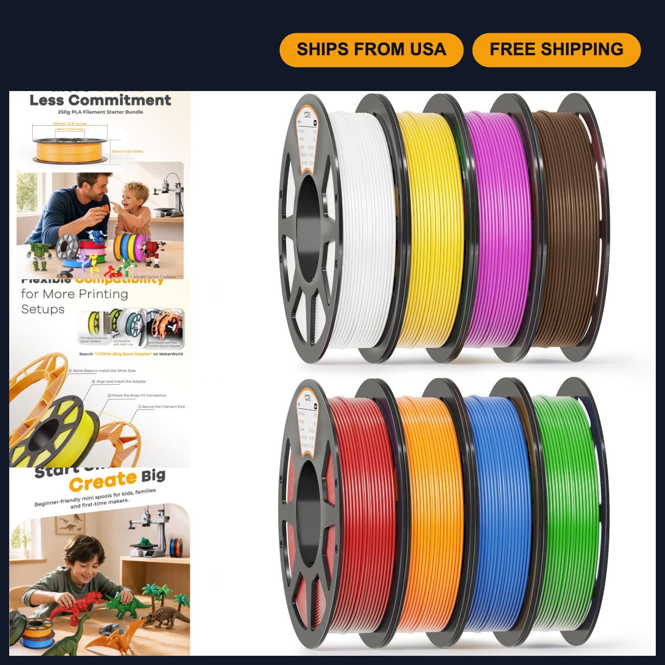 8-Pack PLA Filament Bundle 1.75mm, 250g Each, Vibrant Colors for 3D Printing