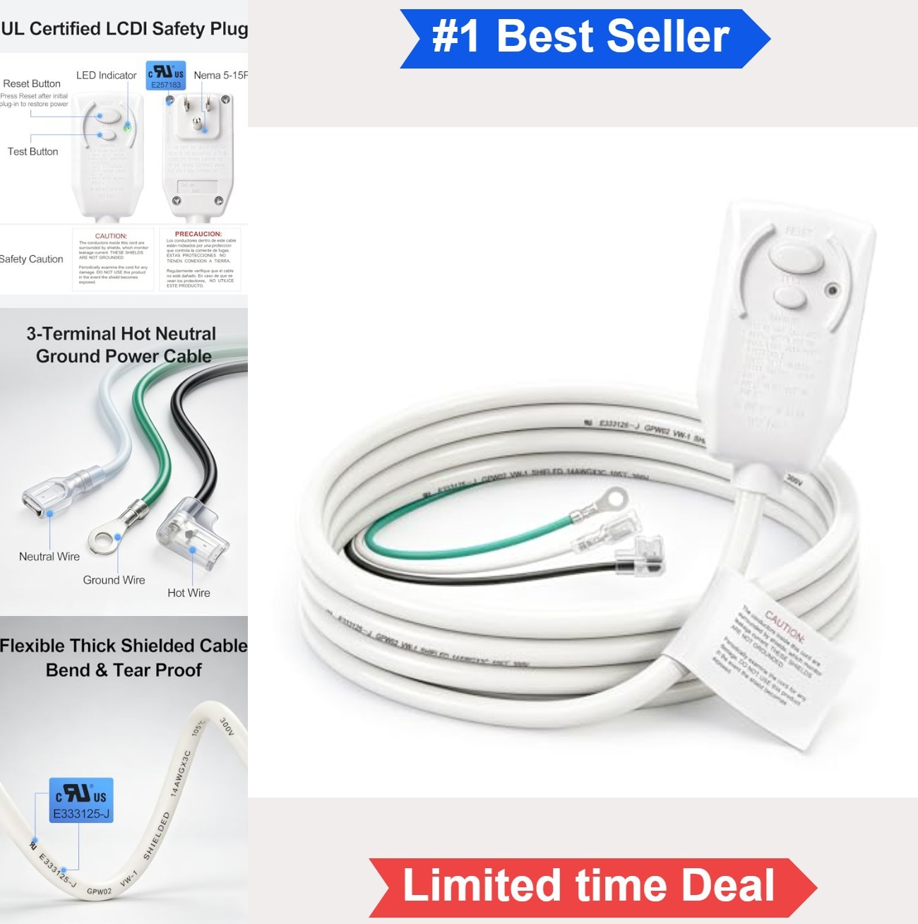 Air Conditioner Power Cord 15A 120V 1800W LCDI UL 14 Gauge 7.2 FT Window AC