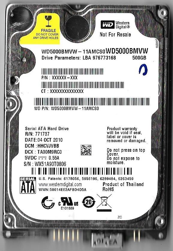 Western Digital WD5000BMVW-11AMCS0 500GB USB 3.0 Hard Drive DCM: HHCVJVBB