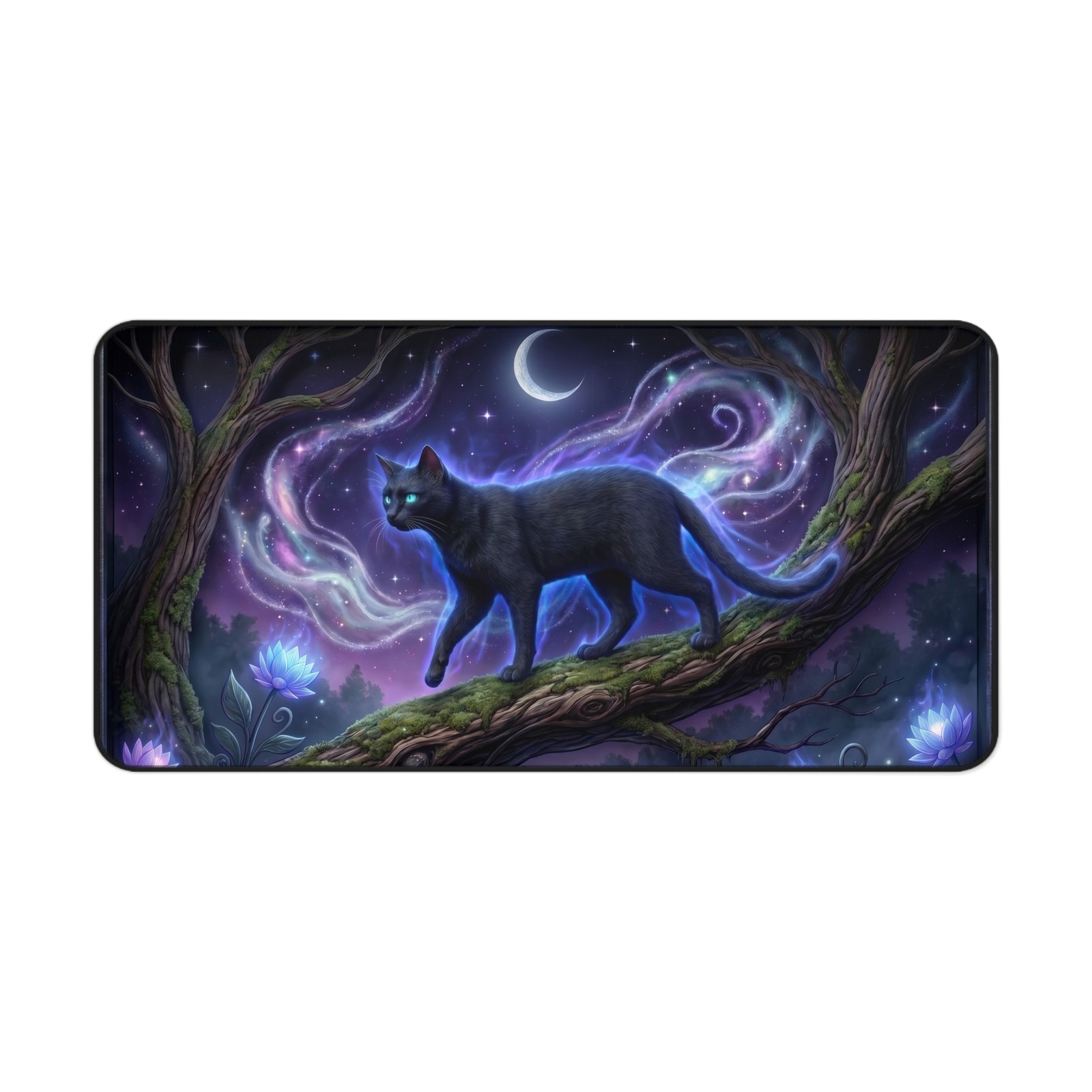 Mystic Black Cat Moonlight Desk Mat | Fantasy Nightscape