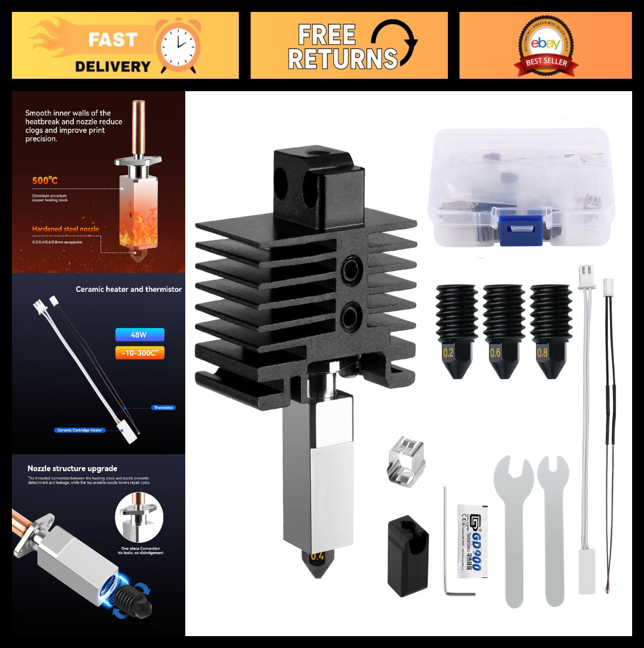 Hardened Steel Hotend Kit for 3D Printer, High Temp Extruder, 0.2-0.8mm Nozzles