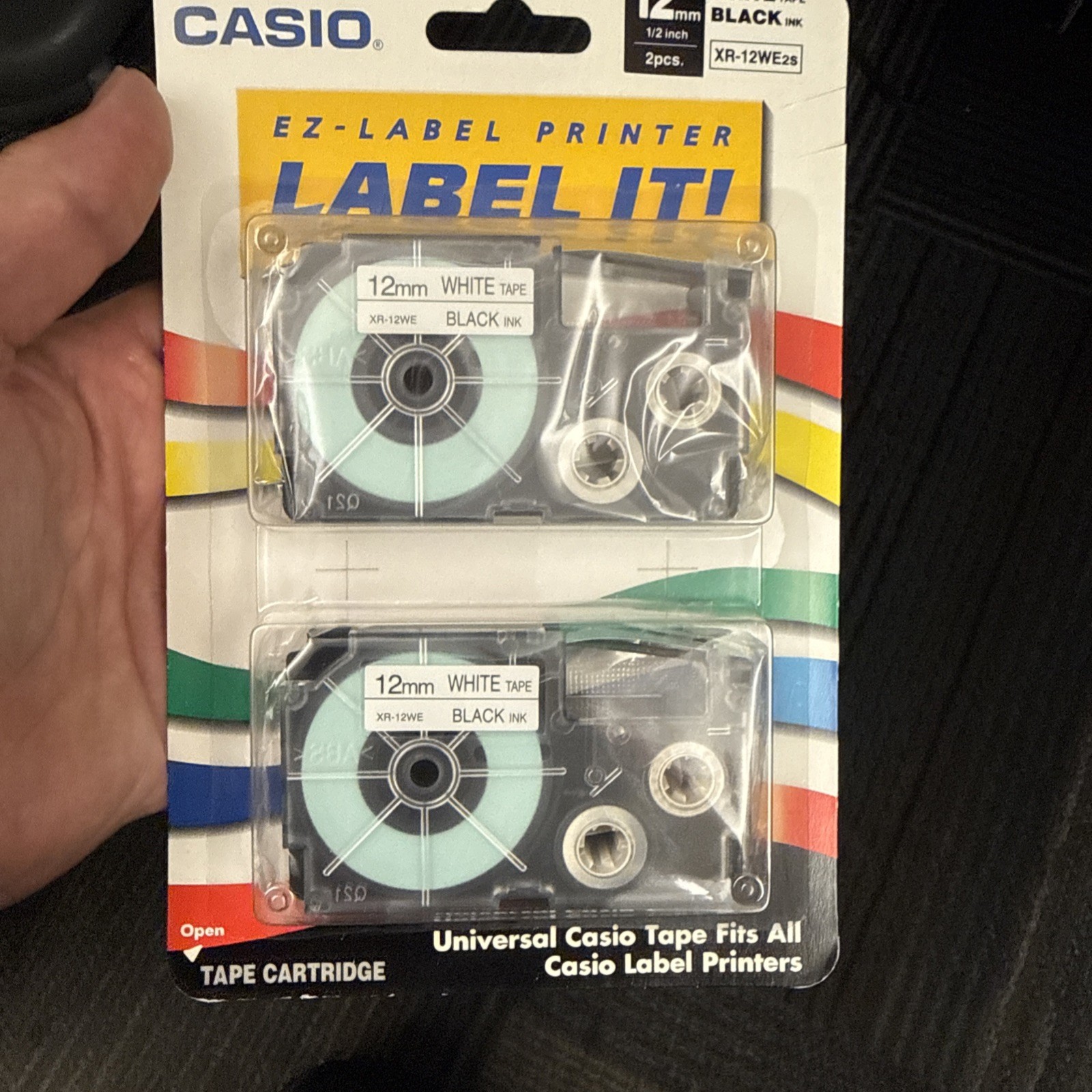 Casio Tape Cartridge Universal EZ Label 12mm White Tape Black Ink 2 Pcs .5 Inch