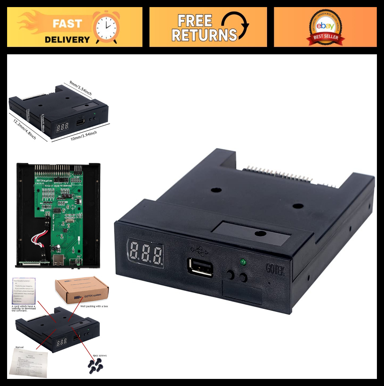 3.5" USB Floppy Drive Emulator, 1.44MB SSD Compatible, Black, for Vintage PCs
