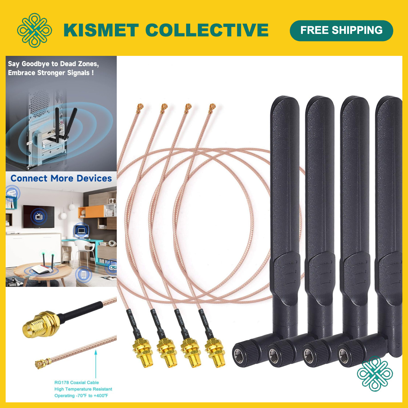 Dual Band WiFi Antenna 2.4GHz 5GHz 8dBi RP-SMA Male 20cm RG178 Cable 4-Pack