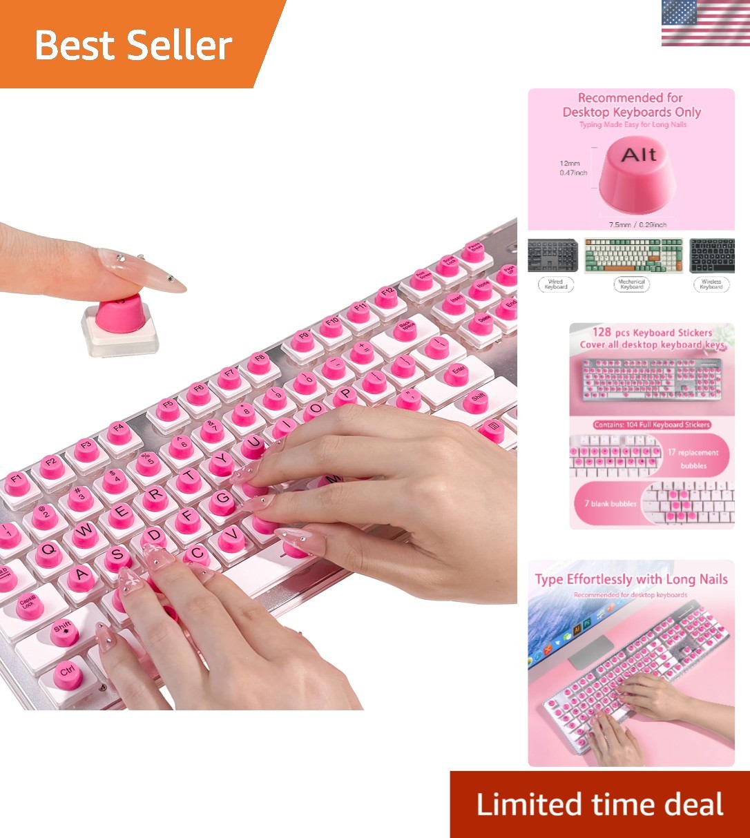 128 Pcs Pink Keyboard Stickers for Long Nails - Scratch Resistant & Adjustable