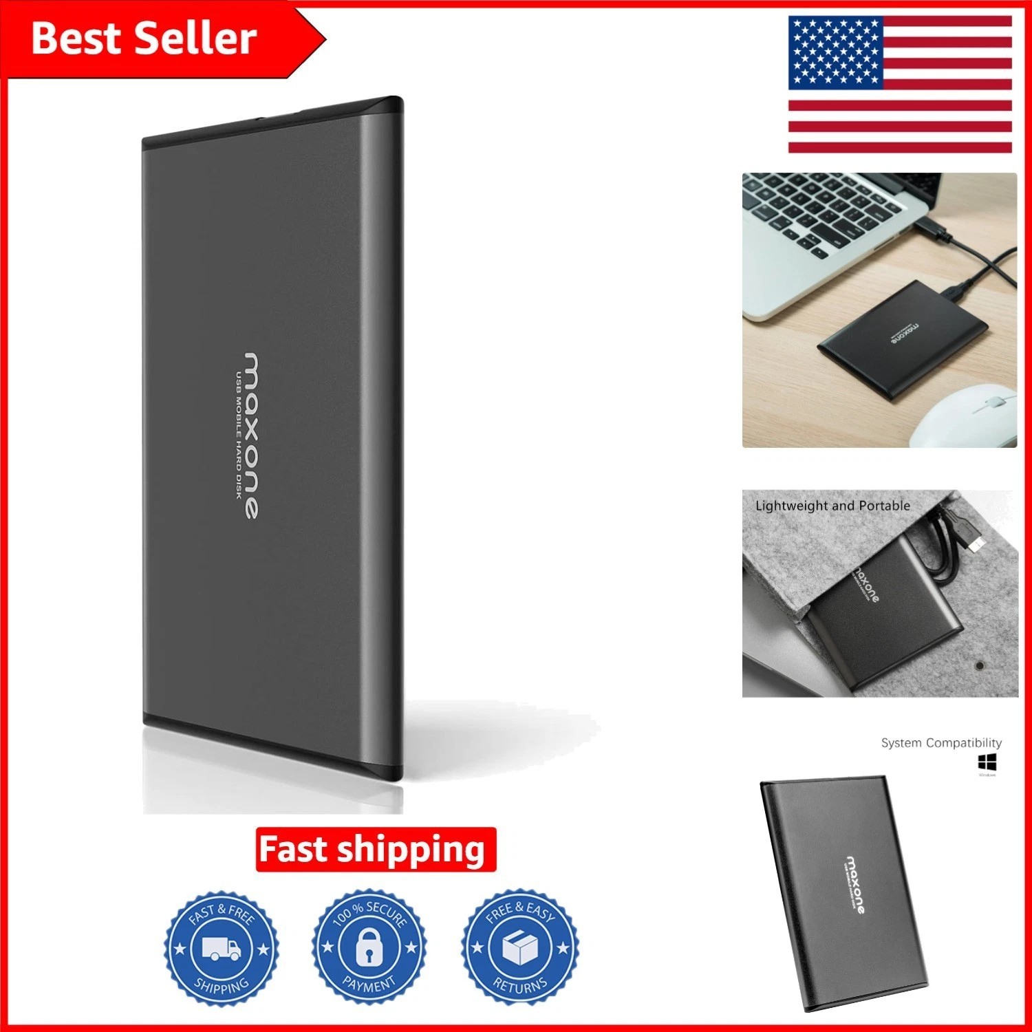 Charcoal Grey 500GB Ultra Slim External HDD - Plug & Play, USB 3.0 Compatible