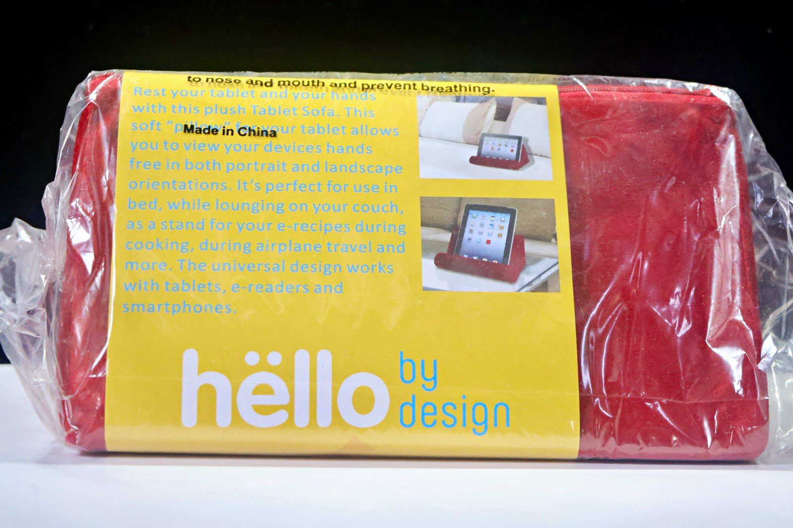 Hello by Design Tablet Sofa Pillow Stand Tablet Holder Red Fabric Freestanding