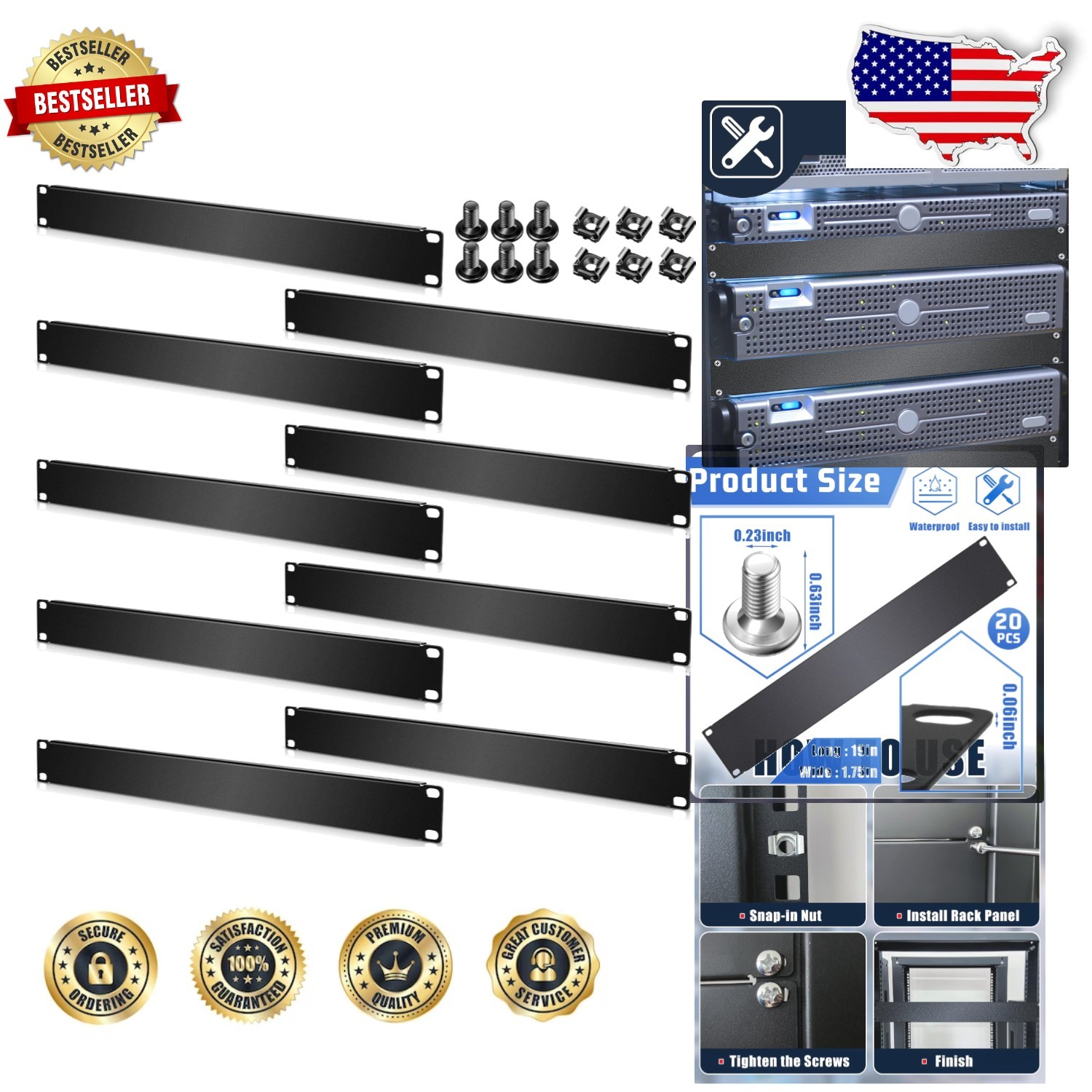 1U Rack Blank Panel 10 Pack, Sturdy Black Metal Server Mount