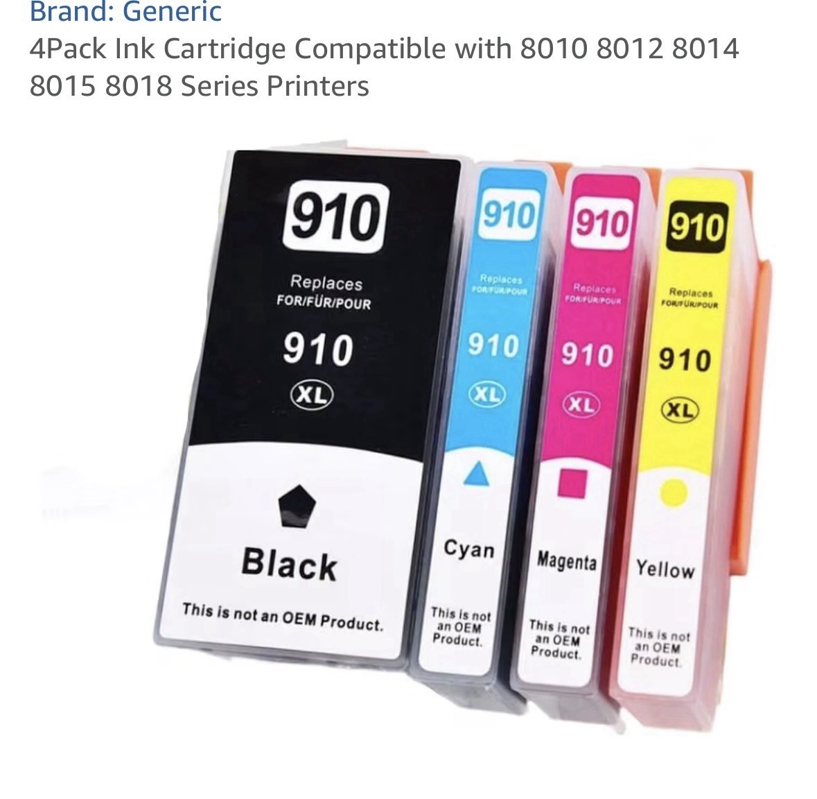 4PACK 910XL Ink Combo W/Chip for HP OfficeJet Pro 8010 8015 8020 8022 8025 8028