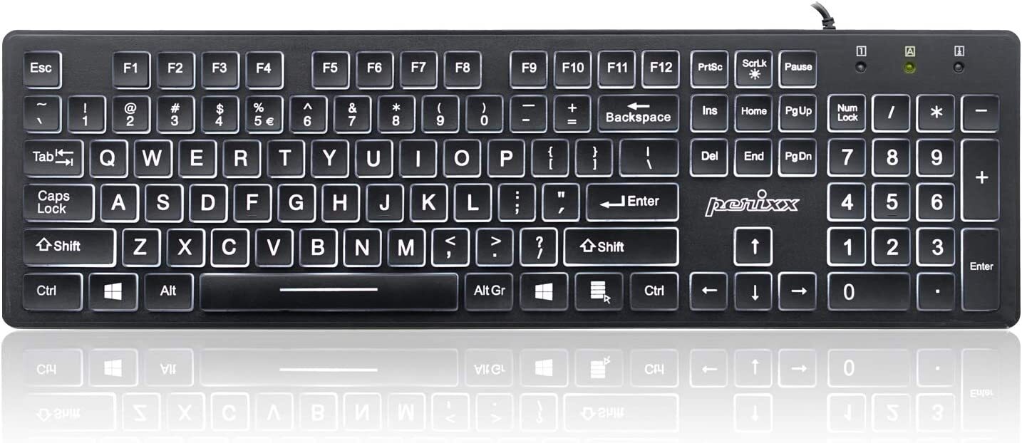 Large Print Computer Keyboard LED Lighted White Backlit Full Size Multimedia Key