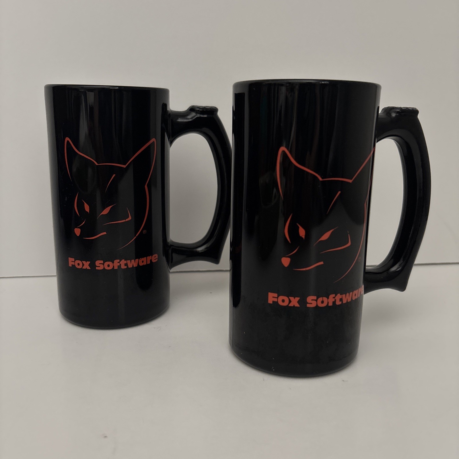 Vintage 1980’s Fox Software Coffee Mug Black With Red Fox Software Set Of 2