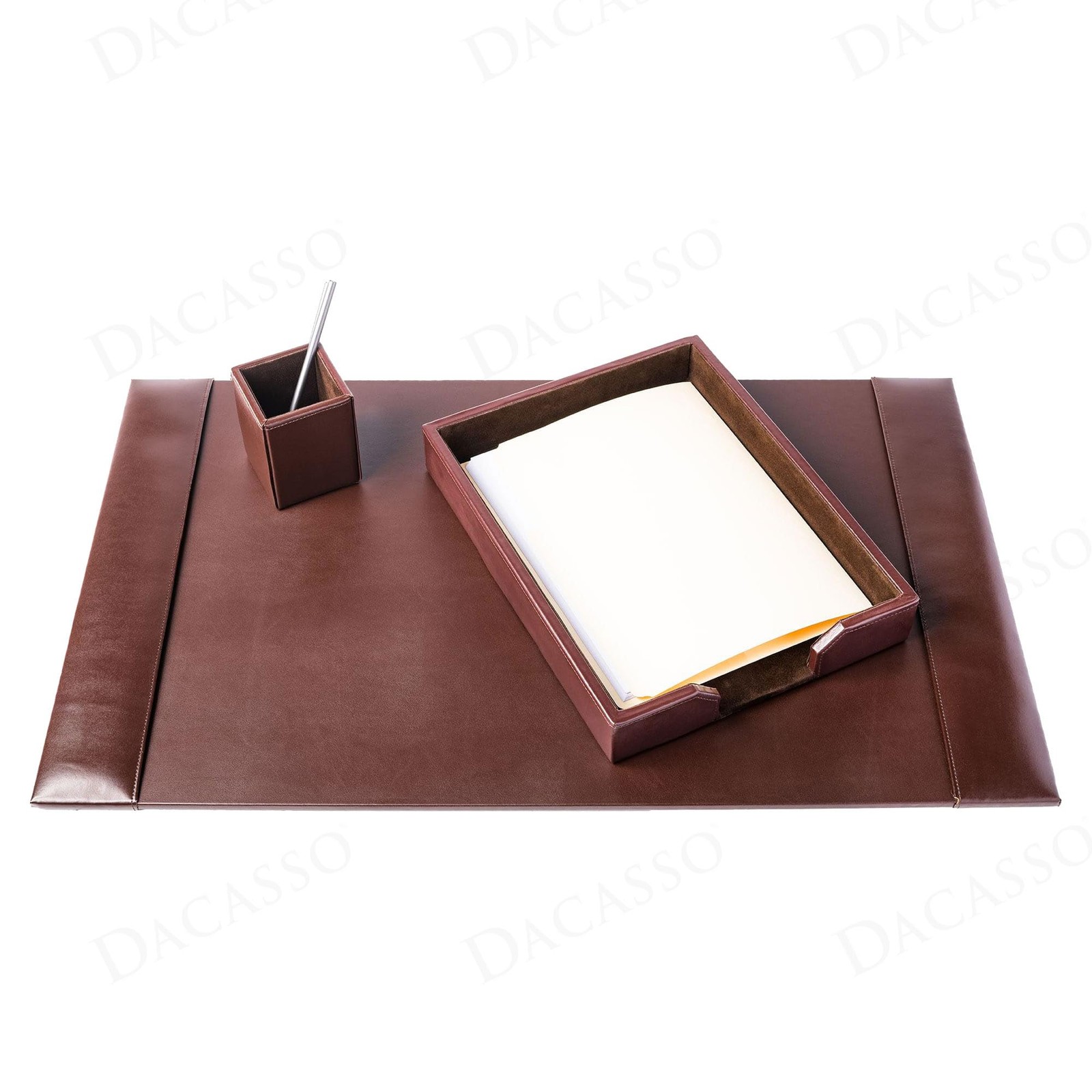 Brown Bonded Leather Luxury 3 Piece Desk Set - Blotter Pad & Desk Organizatio...