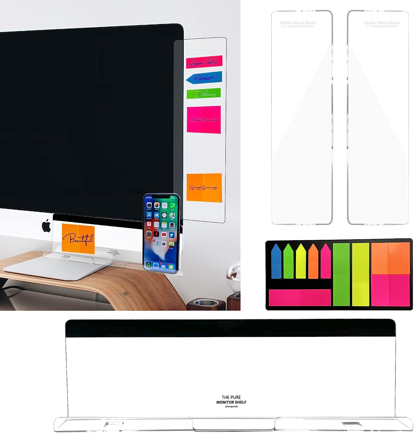 3PCS Multifunctional Monitor Memo Board (Left, Right & Bottom),Clear Monitor Sid