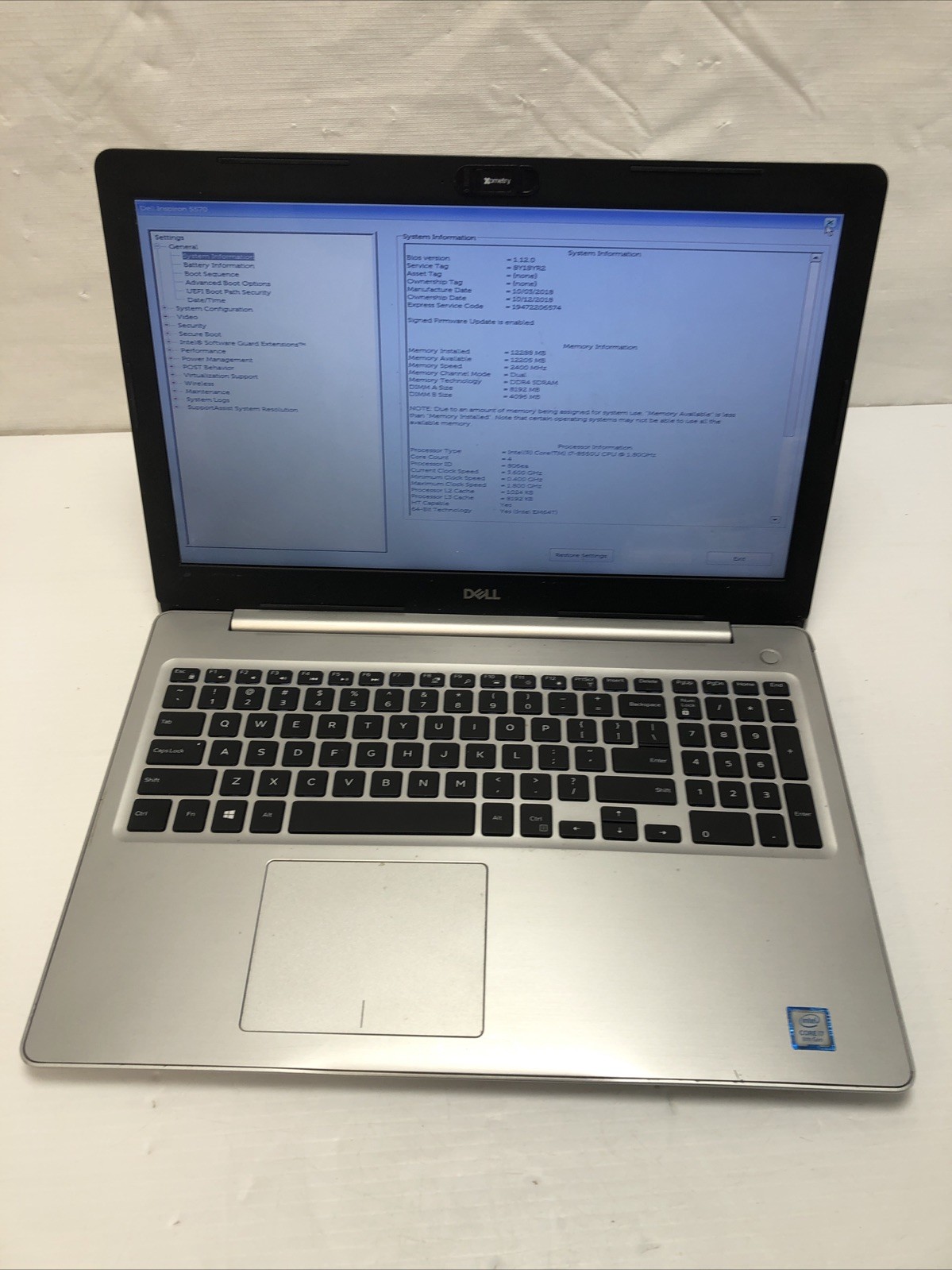Dell Inspiron 5570 i7-8550U 1.8 Ghz 12 GB Ram No hard drive *Read 