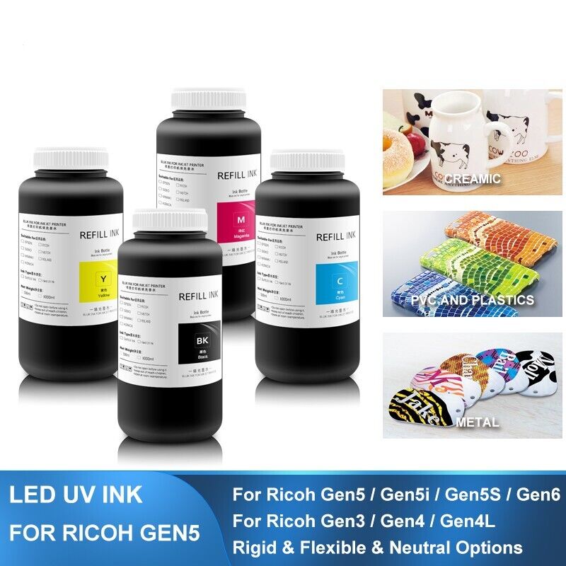 4×1000ML LED Curable UV Ink For Ricoh Gen3 Gen4 Gen4L Gen5  Gen6 Printhead 