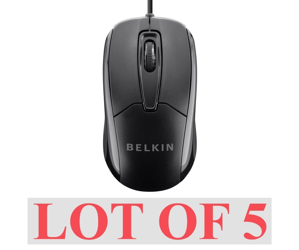 Belkin F5M010qBLK Black 3-Button Wired USB Optical Mouse 5ft Cord Lot 5 NEW