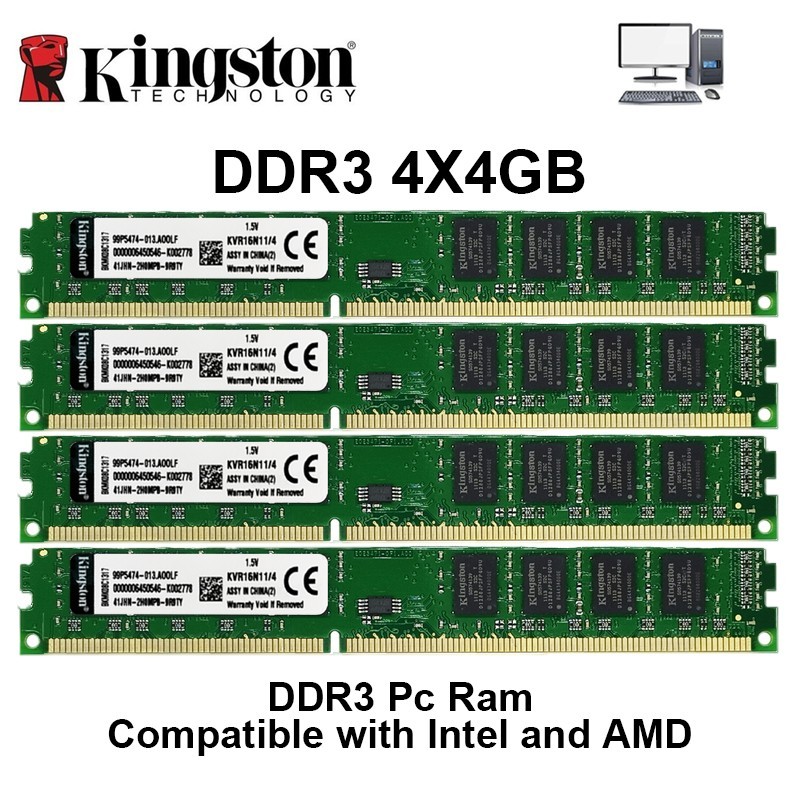 Kingston 16GB (4x4GB) DDR3 1600MHz PC3-12800 Desktop Memory 1.5V 240-Pin DIMM