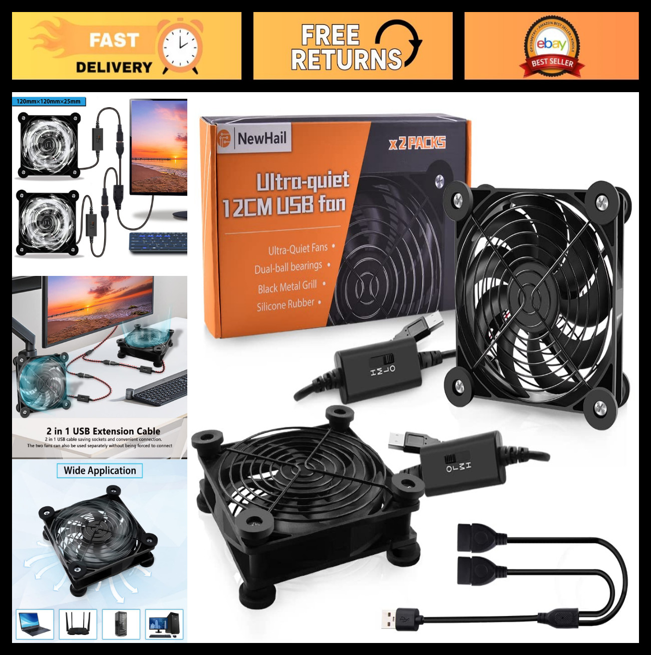 2Pack 120mm USB Cooling Fan, High Airflow, 3-Speed Controller, Dual-Ball Bearing