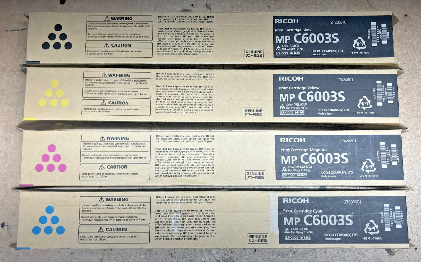 Set of Ricoh 841865 Black + 841866 Yellow + 841867 Magenta + 841868 Cyan Toners
