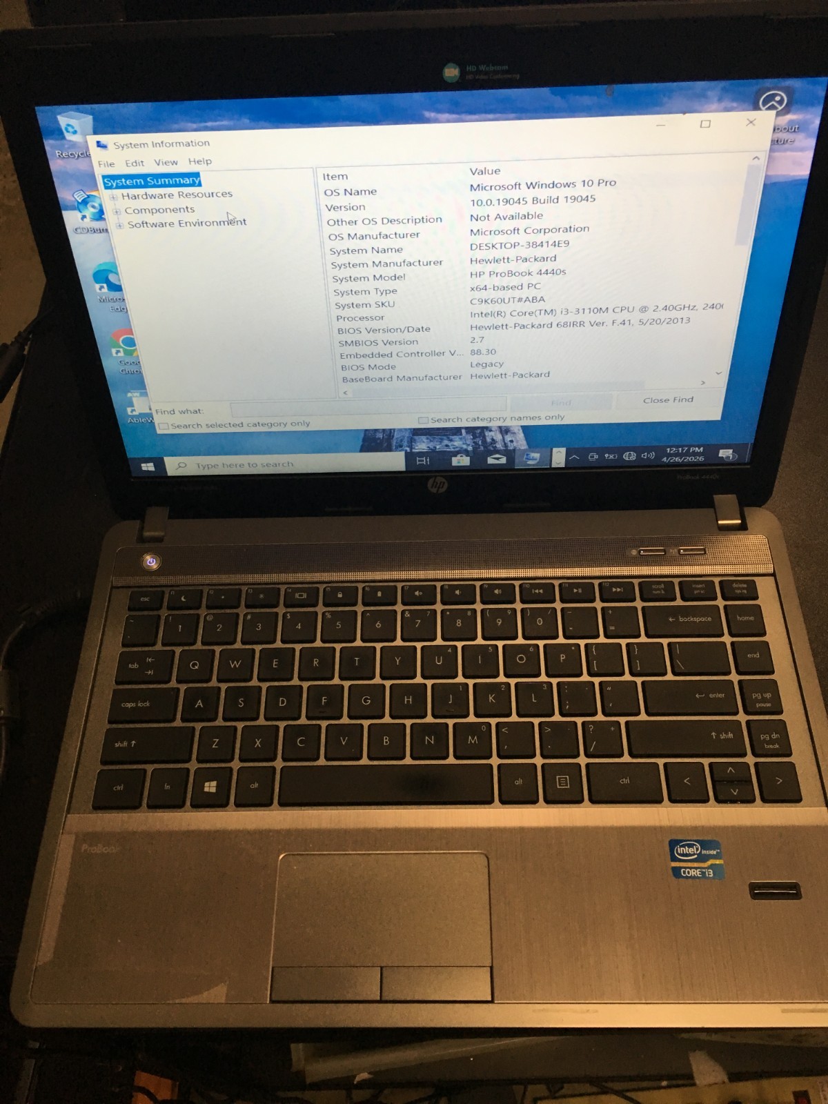HP Probook 4440S Intel Core i3 2.40Ghz 4GB 160 GB HDD Win 10 pro laptop 0017