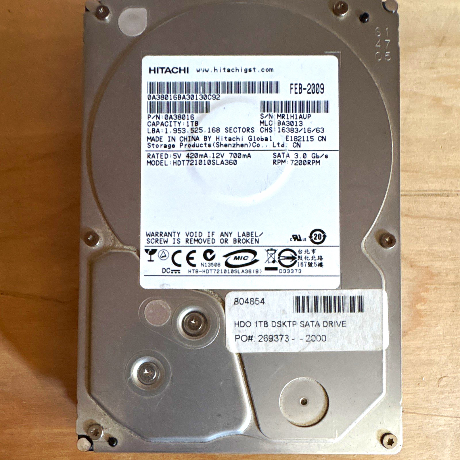 Hitachi Deskstar 1TB 3.5" SATA 7200RPM 32MB Internal HDD HDT721010SLA360