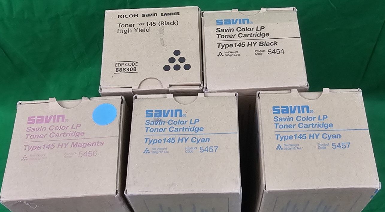 5 NEW SEALED RICOH SAVIN TONER CARTRIDGES BLACK 5454 MAGENTA 5456 & CYAN 5457