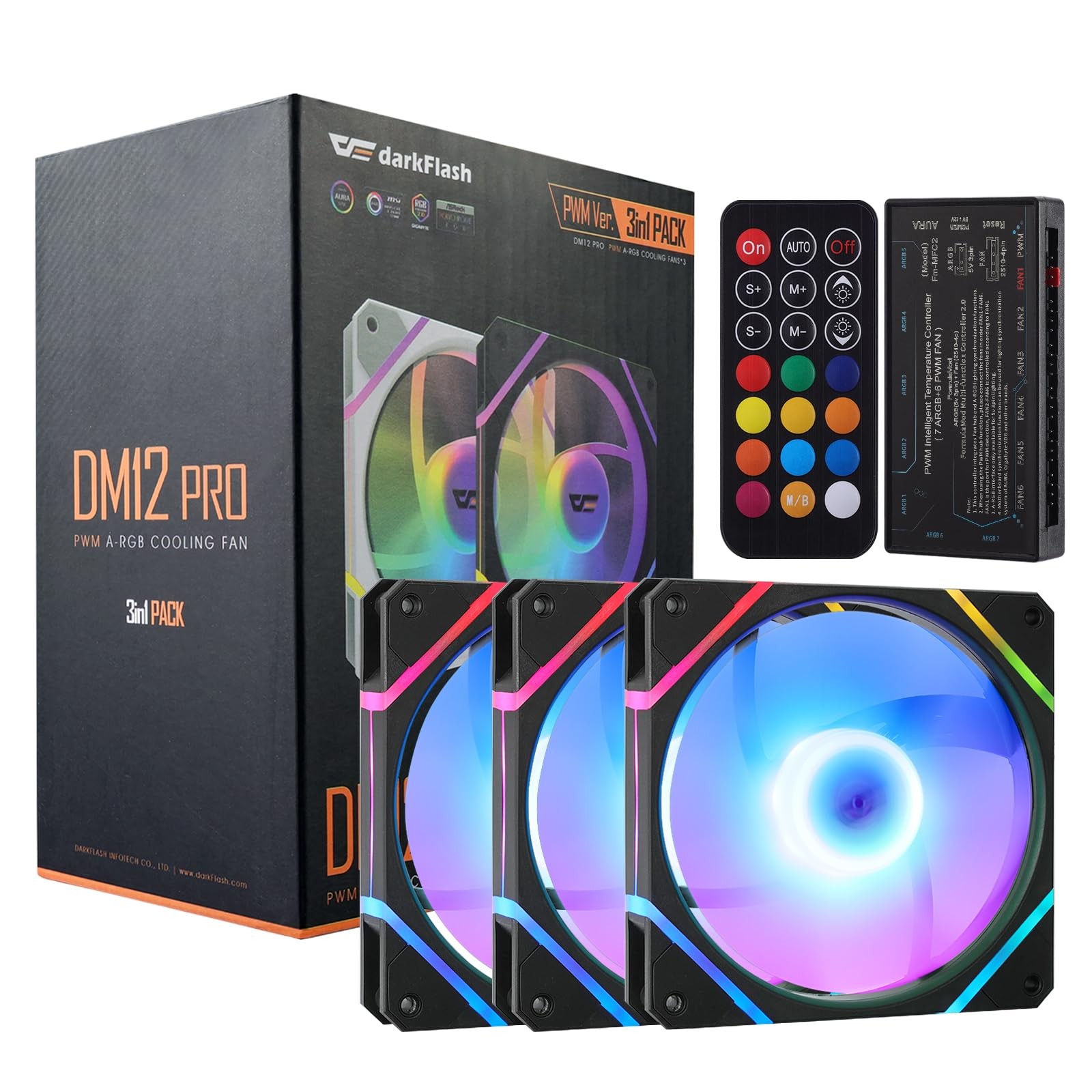 darkFlash 3-Pack 120mm PC Case Fans with Controller Hub & Remote, PWM ARGB