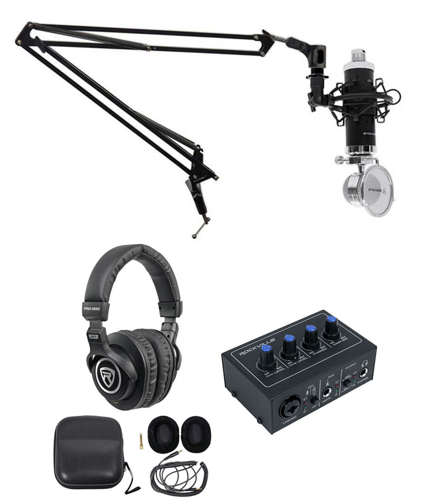 Rockville 1-Person Podcast Podcasting Kit w/ 2x2 Interface+Mic+Headphones+Boom