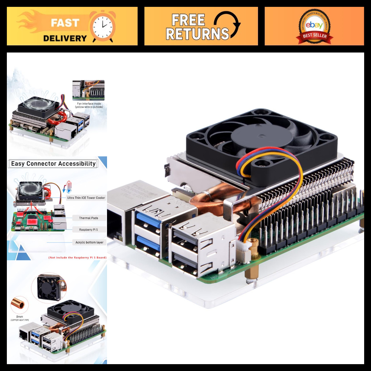 Ultra Thin ICE Tower Cooler for Raspberry Pi 5 - Aluminum Heatsink & 40mm Fan