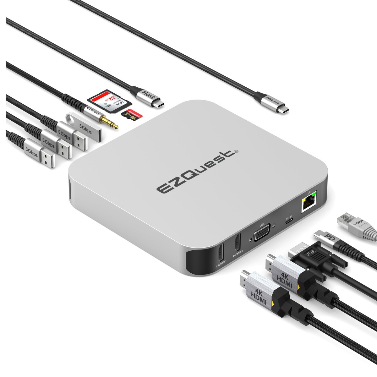 EZQuest X40214 USB C Hub 12 in 1, 2 HDMI 4K, VGA, Ethernet, USB-A, SD