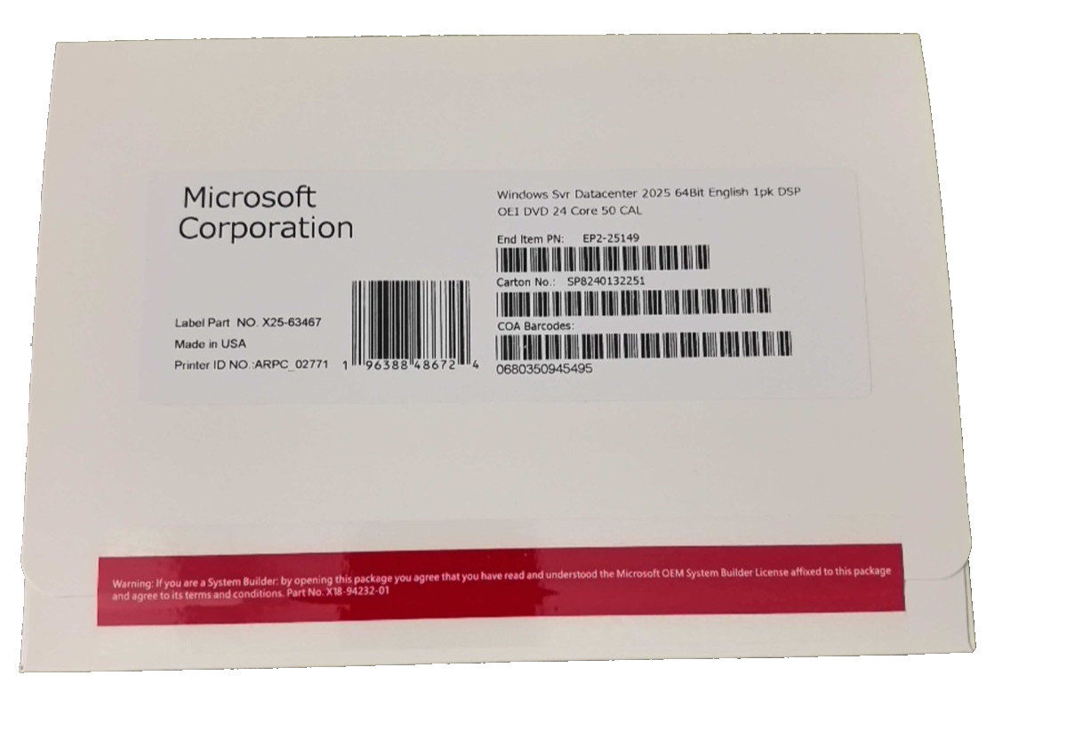 Win Server Datacenter 2025 64-Bit DVD 24 Core 50 DAL Brand New + 