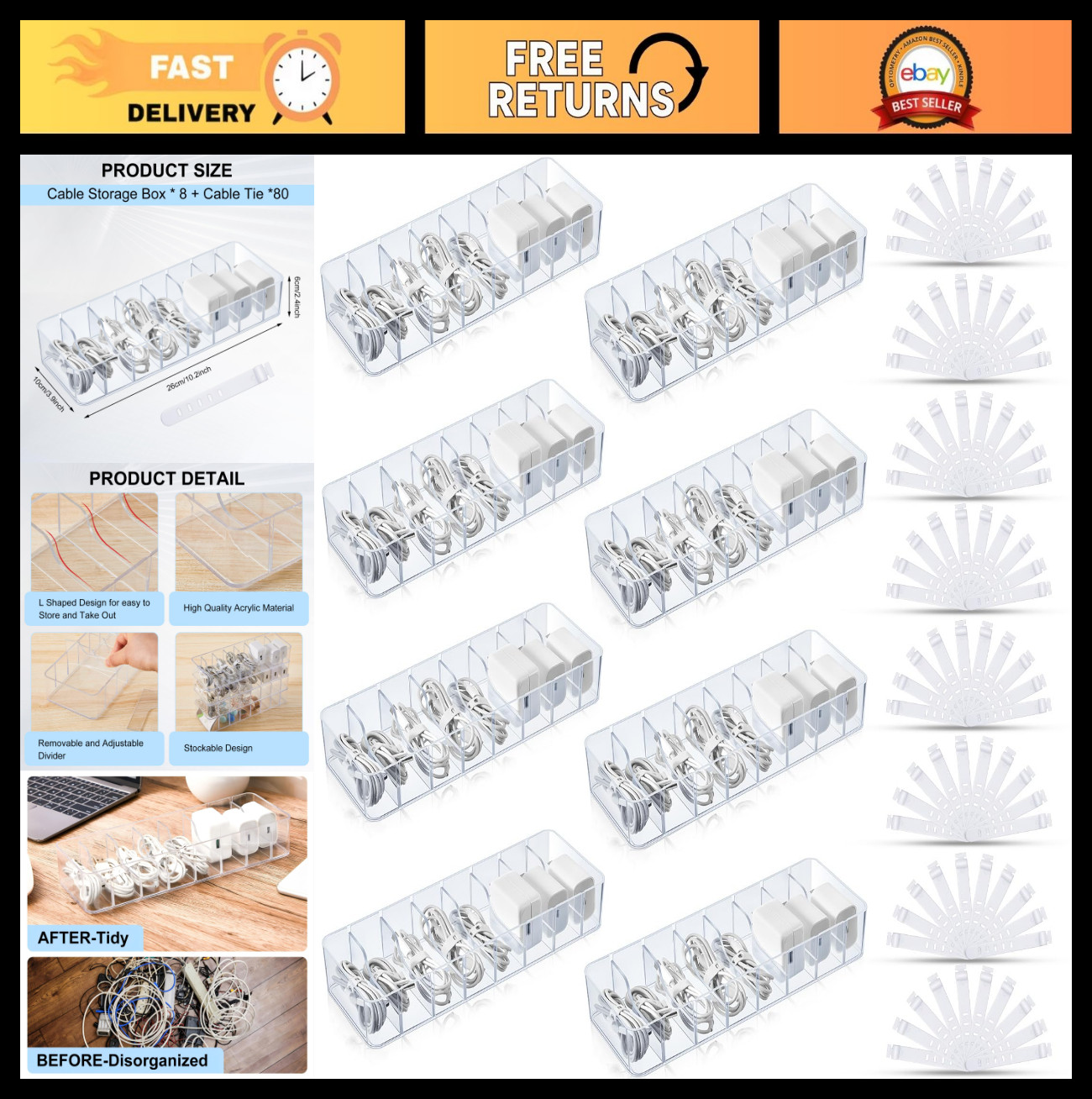 8 Pcs Cable Organizer Set with 80 Wire Ties, Adjustable Cord Storage Box for Hom