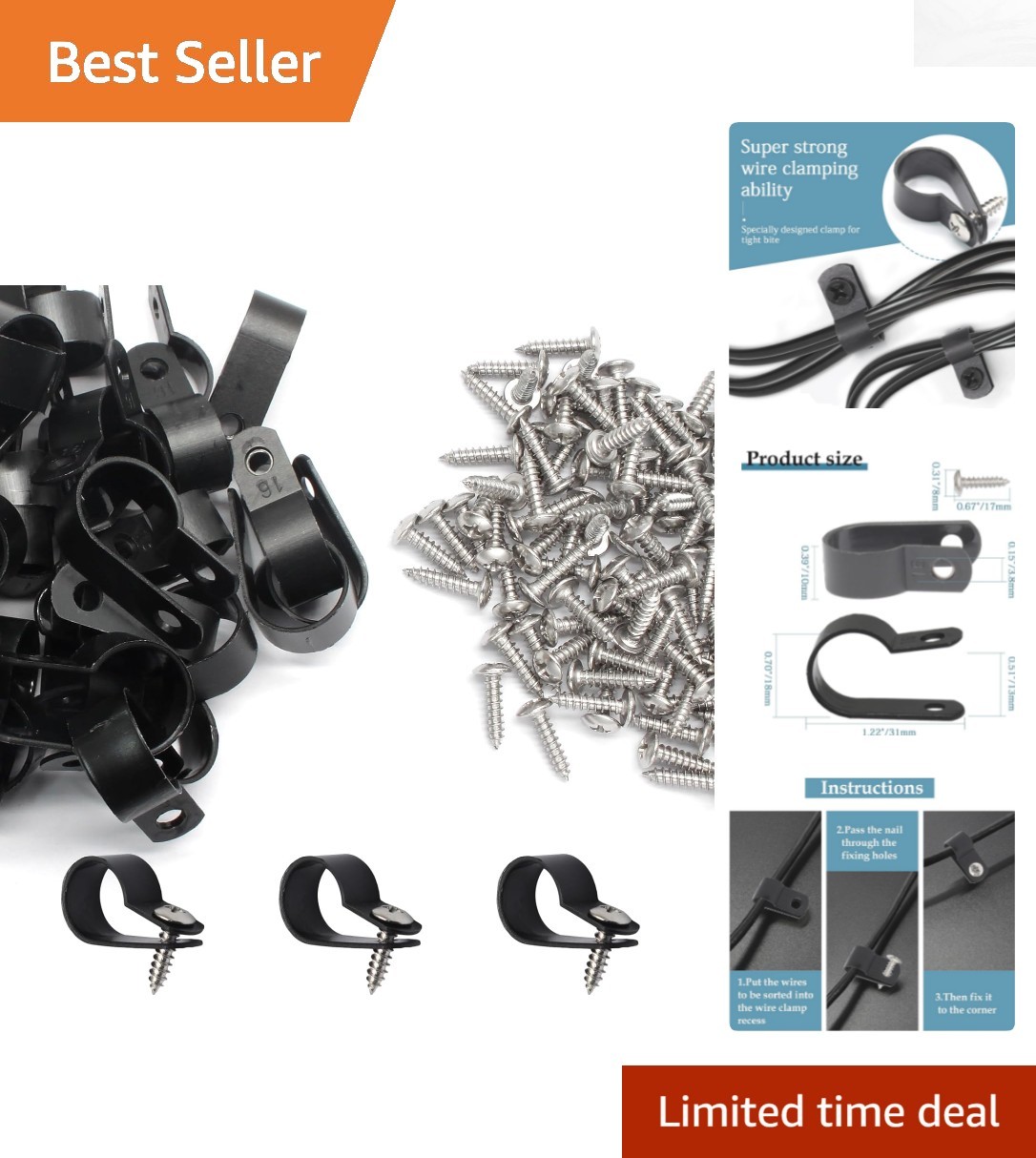 50 Pcs 5/8 Inch R-Type Nylon Cable Clips with Stainless Steel Screws for Effi...