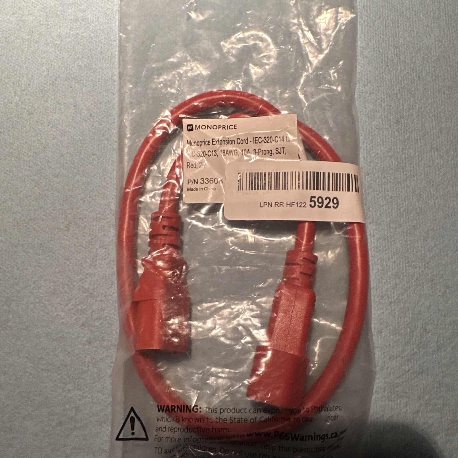 Monoprice Extension Cord - 2ft - Red, C14 to C13, 14AWG, 10A