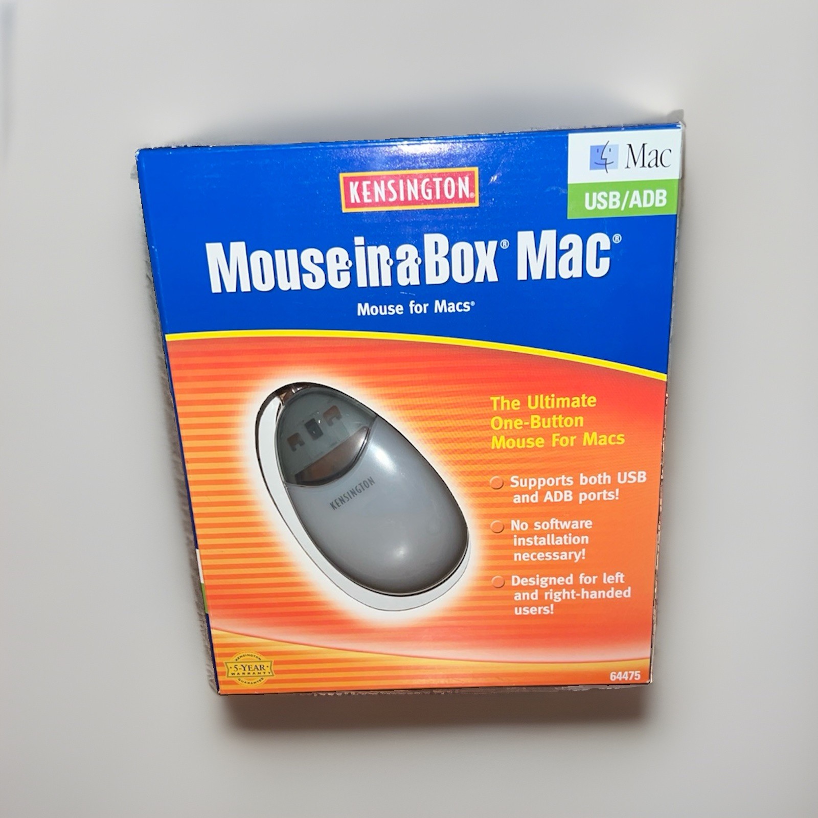 Vintage Kensington Mouse-in-a-Box Mac 64475, USB/ADB One-Button Optical Sensor