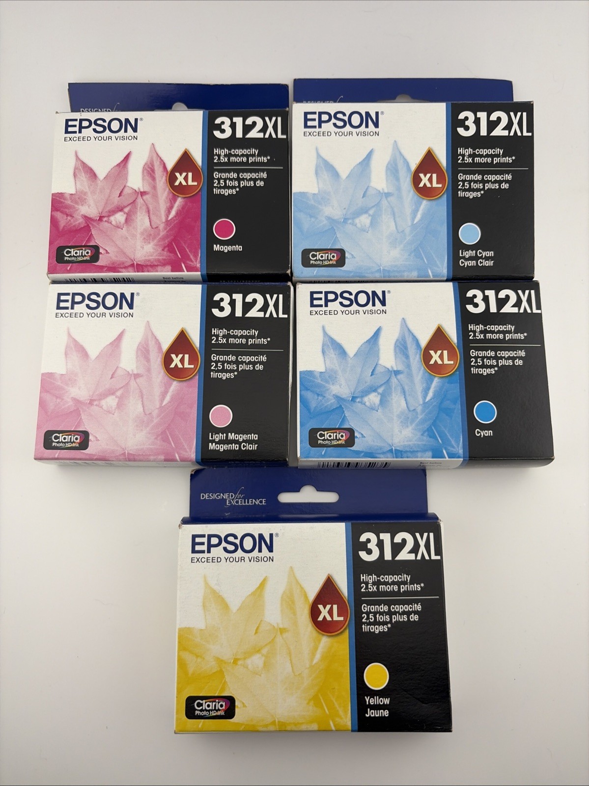 Epson 312XL Genuine OEM Ink Lot of 5 Cyan Magenta Yellow Light Cyan Magenta
