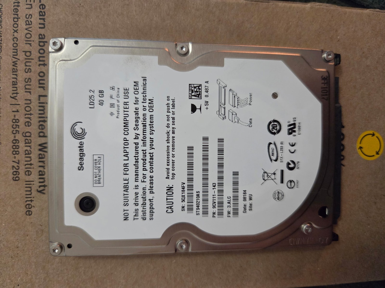 PS3 OEM 40GB HDD SeaGate LD25.2 SATA I 2.5 in.
