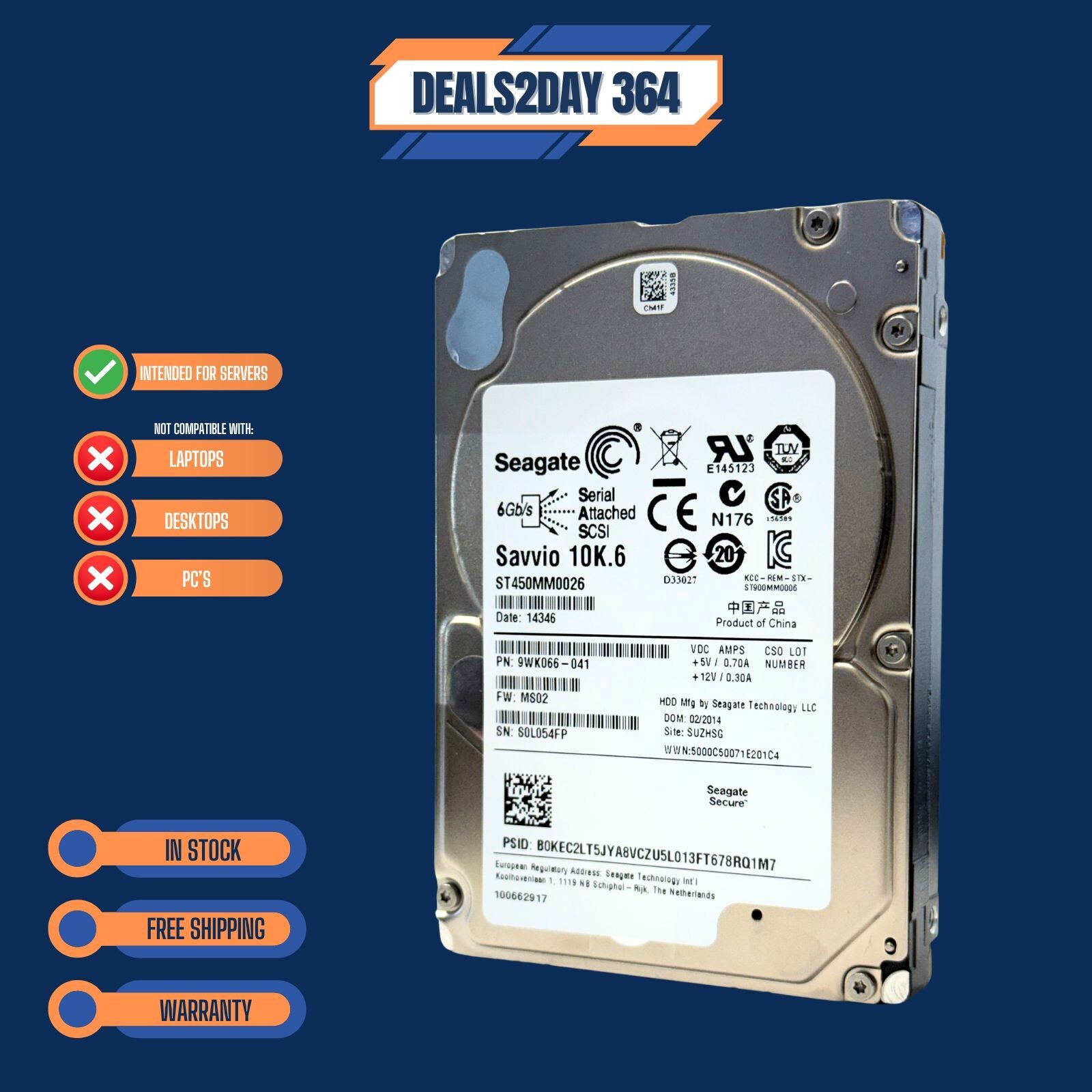 Seagate Savvio  ST450MM0026 Seagate 450GB 10K 2.5 DP 6G SAS  SAME DAY SHIPPING