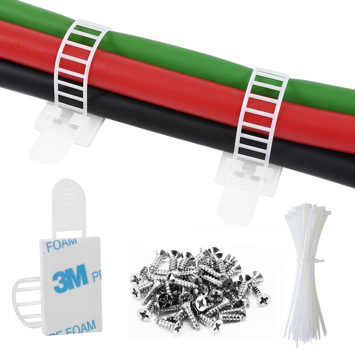 50Pcs Adhesive Cable Management Clips with 50Pcs Zip Ties, Adjustable Nylon Cabl