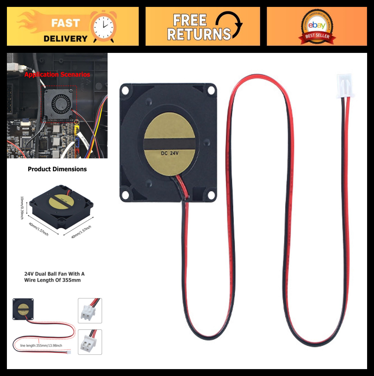 3D Printer Cooling Fan 4010 DC24V Low Noise Dual Ball Bearing 40x40x10mm 355mm C