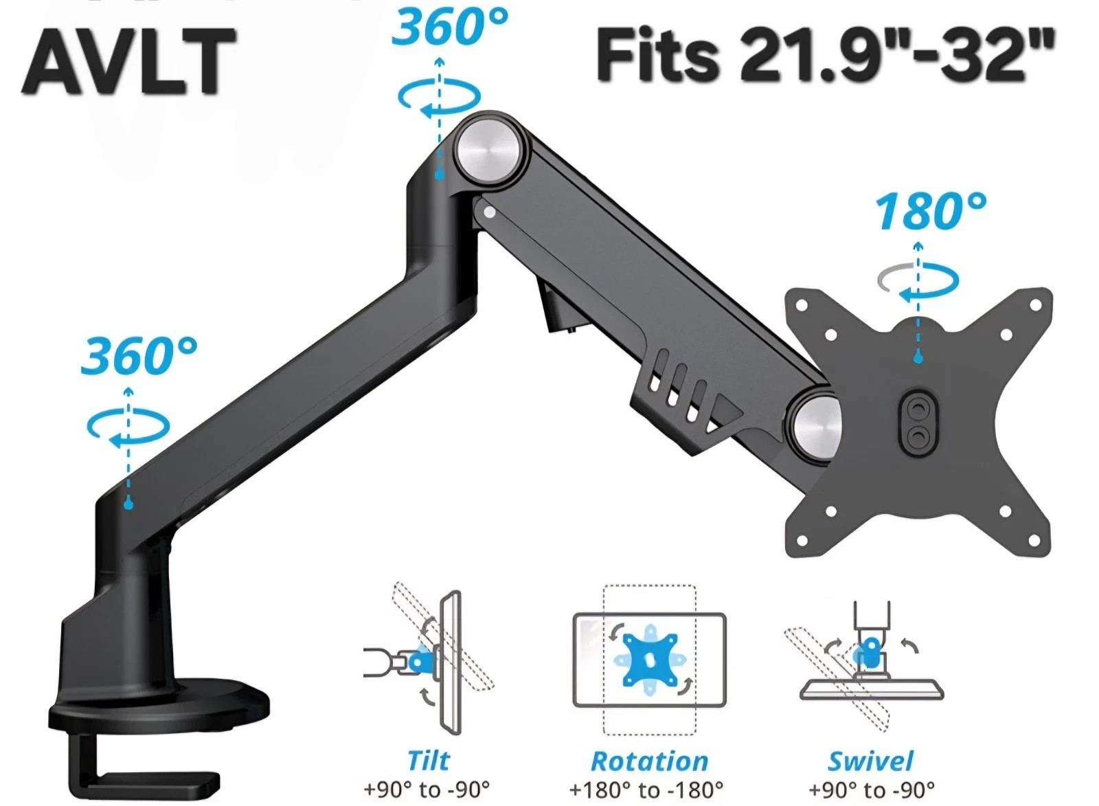 AVLT Single 21.9"-32" Monitor Arm Desk PC Computer Mount AVLT-DM45-1 Black