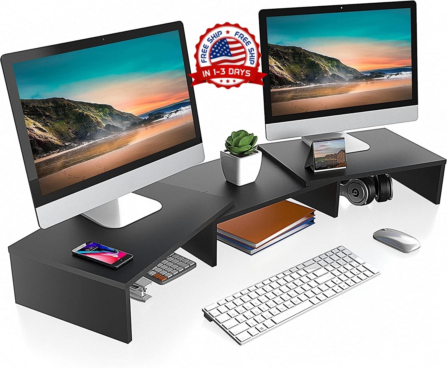elevador de soporte de monitor dual de madera con longitud ajustable ordenador