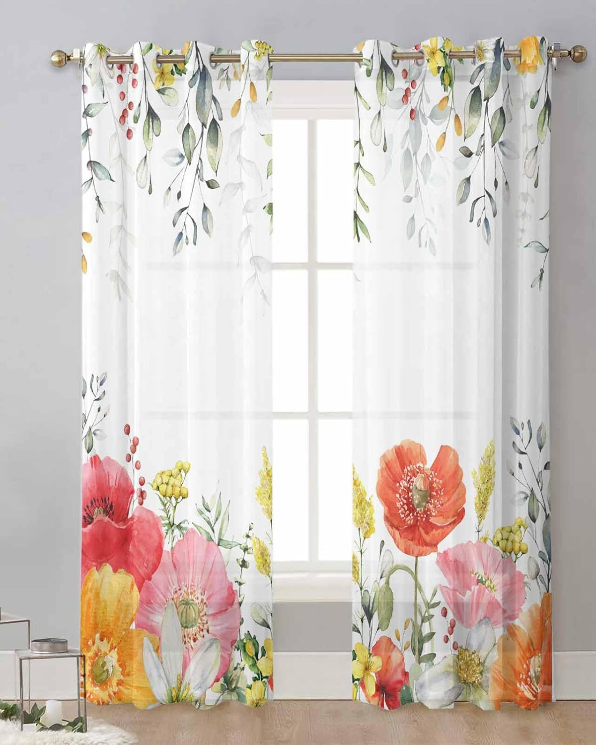 Spring Floral Sheer Curtains 84 Inches Long 2 Panels Set Spring Wildflowers for