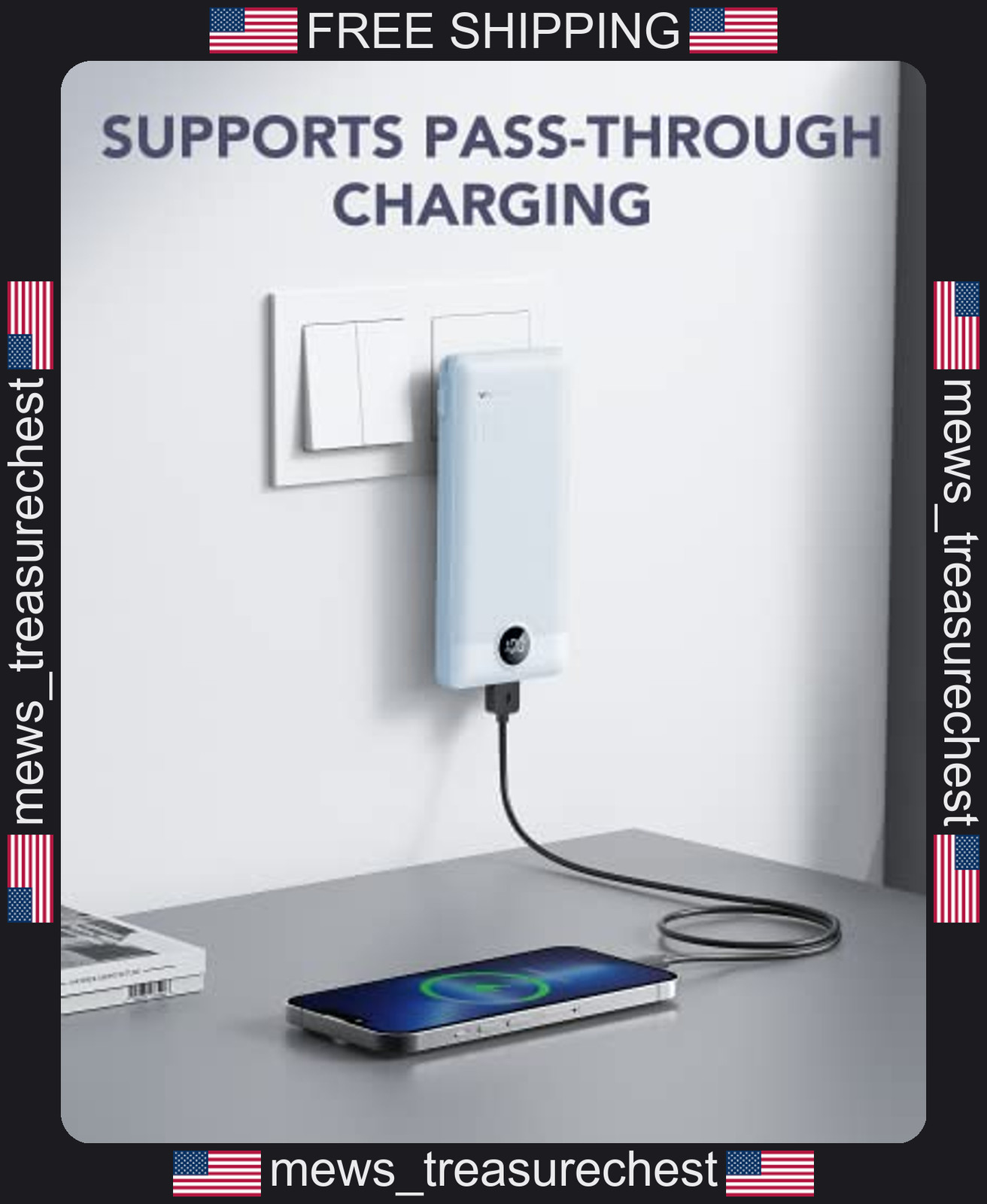 Portable Power Bank with Built-in Cables and AC Wall Plug, 10000mAh