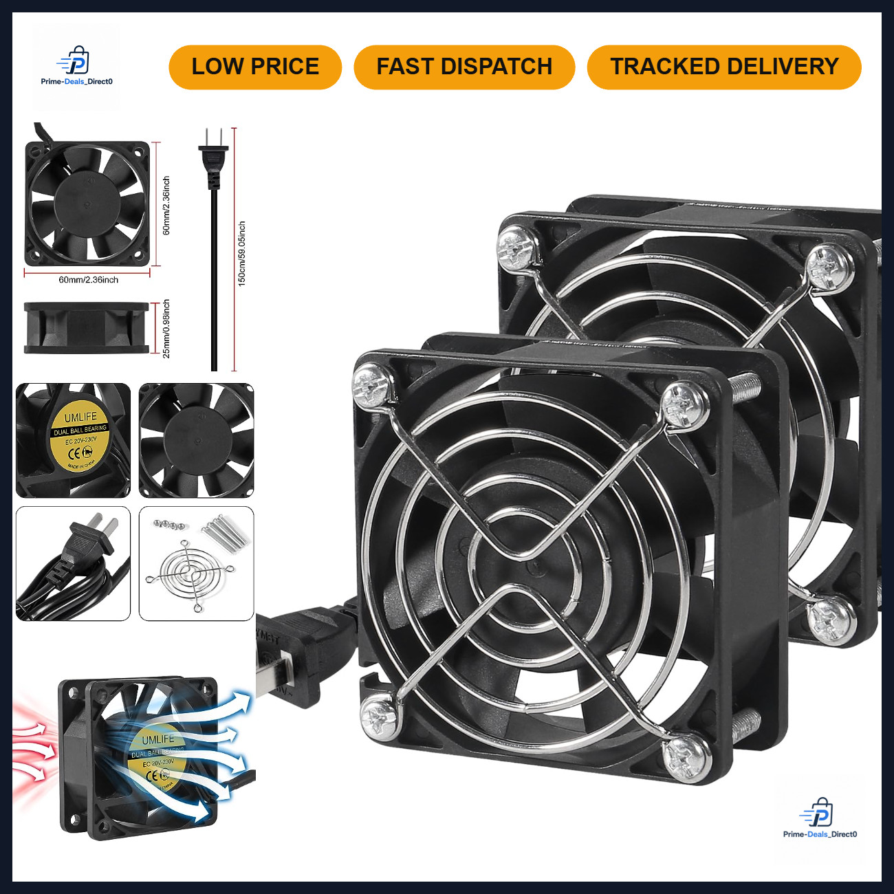 2-Pack 6025 EC Brushless Cooling Fan - 110V/115V/120V/220V/240V Axial Fan, 60mm