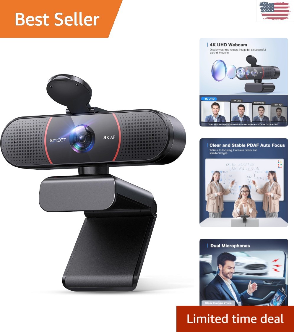 Ultra-Clear 4K Webcam Featuring PDAF Focus & Dual Mics for Video Conferencing